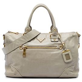 Bolsa Prada Beige Vitello Shine Bauletto Zip Top Satchel Bege
