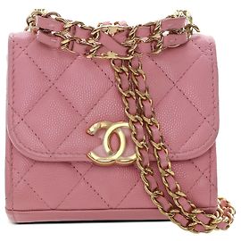 Chanel Mini CC Quilted Caviar Top Handle Clutch com Corrente Rosa Rosa