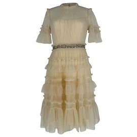 Needle & Thread Lace Tulle Midi Tiered Dress in Ivory Polyester White Cream