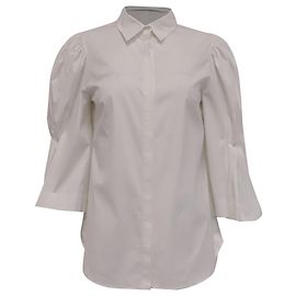 Lela Rose Gathered Sleeve Blouse in White Cotton White Cream