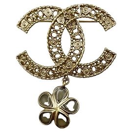 Broche Chanel Design de Flor em Metal Dourado Dourado