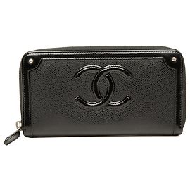 Carteira Longa com Fecho Chanel CC Caviar e Patent Preta Preto