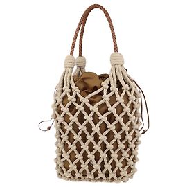 Borsa Noue media Prada in cotone macramé e pelle Beige, Camel Marrone Beige
