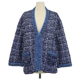 Casaco de malha oversized Chanel azul e branco em algodão tecido e PVC com adornos de corrente Azul Cinza