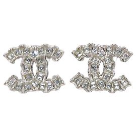 Chanel Silver Tone Crystal Push Back Earrings Silvery