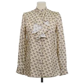 Camicia a maniche lunghe con volant Gucci Beige Silk Invite Stamp Print Beige