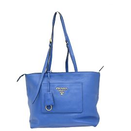 Prada Shopping Vitello Daino Medium con bolsillo frontal Azul