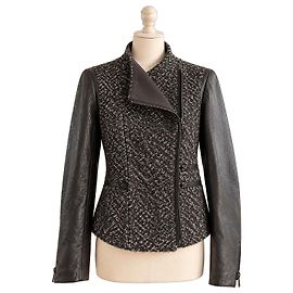 Maje H13 Dvora Black Tweed and Leather Biker Jacket Black Grey