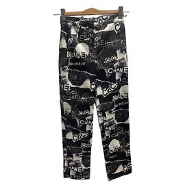 Pantaloni Chanel con Stampa Graffiti Cotone Seta Nero e Bianco Taglia S Nero