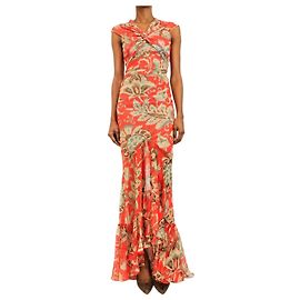 Etro Rotes Maxikleid mit Blumenprint, Twist-Front und Rüschen - size UK 8 Andere