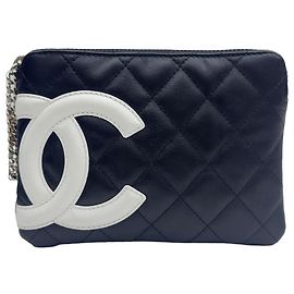 Chanel Quilted Black Leather Clutch with CC Logo Black White