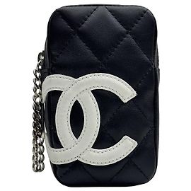 Chanel Cambon Diamond Quilted Mini Pouch in Black Leather Black White