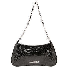 Bolsa de Ombro com Corrente Le Petit Bisou em Couro com Relevo de Crocodilo Preto Jacquemus Preto