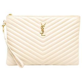 Autre Marque Pochette pour tablette Saint Laurent en cuir de veau monogramme chevron blanc Blanc Écru