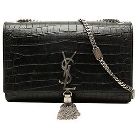 Autre Marque Saint Laurent Black Medium Croc Embossed Leather Monogram Kate Tassel Crossbody Noir