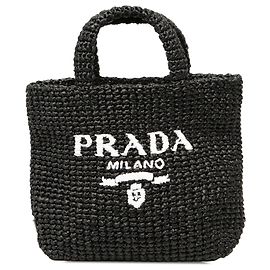 Prada Tote Pequena em Croché com Efeito de Ráfia Preta e Logótipo Bordado Preto