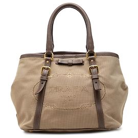 Bolsa Satchel Prada em lona Canapa bege com logo e laço Bege