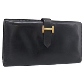 Hermès HERMES Portefeuille Long Bean Cuir Noir Ton Or Auth bs37904 - Jerrillo Autre