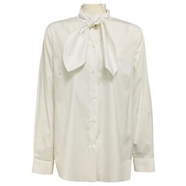Sara Roka White Tie Neck Cotton Lian Blouse White