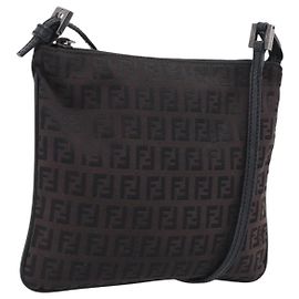 FENDI Zucchino Canvas Shoulder Bag Dark Brown Silver Auth mr3155 - Jerrillo Altro