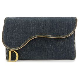 Christian Dior Saddle Denim Leather Bi-fold Long Wallet Blue Blue