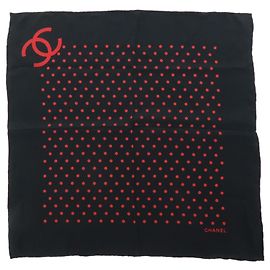 CHANEL COCO Mark Silk 100% Scarf Polka Dots Black Red Black Red