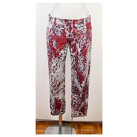 Pinko Pantalones Slim de Algodón Estampado Abstracto Blanco Roja Gris