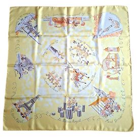 Hermès Carré de seda amarelo Paris Branco Amarelo