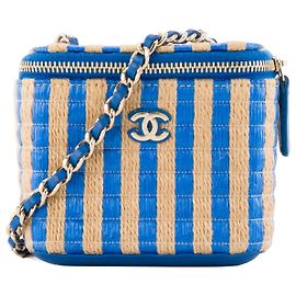 CHANEL - Bolsa de ombro Mini Chanel Vanity em ráfia azul e bege Azul