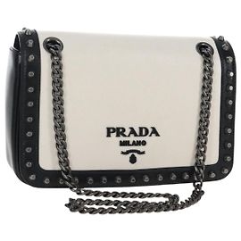 PRADA Bolsa de Ombro com Corrente em Pele Branco Preto Outro