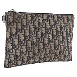 Christian Dior Oblique Clutch Bag Canvas Navy Silver Other