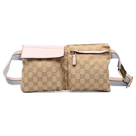 Bolso cinturón Gucci Beige GG Canvas Web con doble bolsillo Beige
