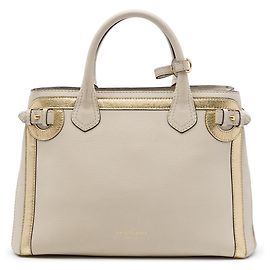 Bolsa Satchel Banner Burberry White Medium em couro bicolor e lona House Check Branco