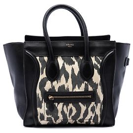 Céline Celine Mini Luggage Tote in canvas leopard print e pelle di vitello nera Nero