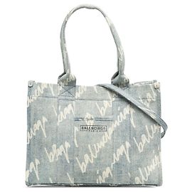 Sac Satchel Balenciaga Blue Small Denim Scribble Logo Hardware Bleu Autre
