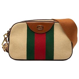 Bolsa Camera Gucci em tela bege com faixa Web Bege