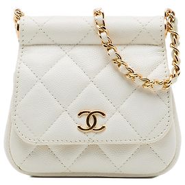 Chanel White CC Quilted Caviar Frame Flap Clutch with Chain Weiß Roh