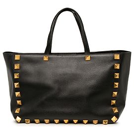 Valentino Black Grained Calfskin Rockstud Tote Black