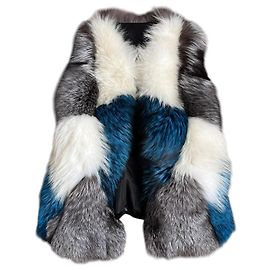 Autre Marque Chaleco de piel de zorro patchwork - Azul Blanco Gris Blanco Azul Gris
