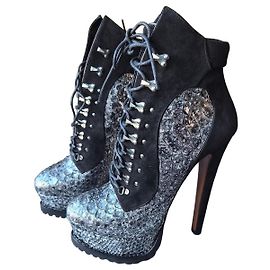 Alaïa Bottines à lacets en daim et cuir python argenté Noir Argenté