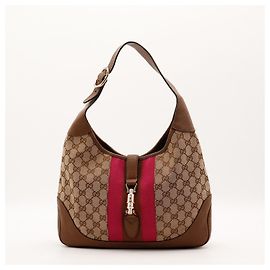 Bolsa Hobo Gucci Bege Monogram Canvas Leather Marrom Bege