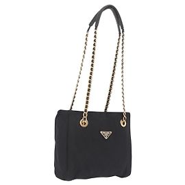 PRADA Chain Shoulder Bag Nylon Black Gold Altro