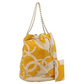 CHANEL Drawstring Chain Shoulder Bag Canvas Yellow Gold Tone CC Other