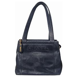 Chanel Sac a Main Tote Bag Leather Navy Blue Bleu foncé