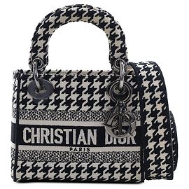 Dior White Mini Embroidered Canvas Houndstooth Lady D Lite Blanco