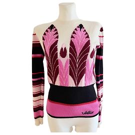 Pull Valentino en laine et cachemire motif plume Noir Rose Blanc Bordeaux