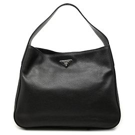Sac à épaule en cuir avec plaque logo Triangle Prada Noir