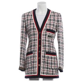 Gucci Chaqueta larga de tweed con parche de logotipo Blanco Roja Multicolor Azul marino