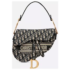 Borsa Christian Dior Saddle Oblique Medium Blu Beige Blu scuro Gold hardware