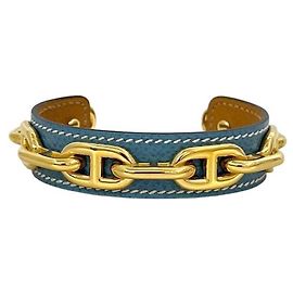 Hermès Bracelete Rígido em Couro Azul e Dourado e Metal Hermes Azul Dourado